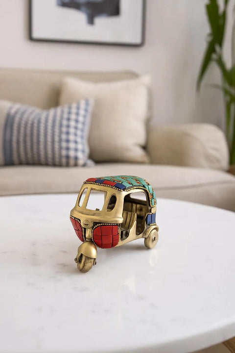 Dope Vintage Brass Auto Rickshaw Miniature Showpiece For Living Room Decor Tabletop Accent, 4.5x2.4x3 inches, solid brass with colorful stones.