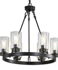 Six Light Industrial Rustic Farmhouse Wagon Wheel Chandelier In Black Metal With Clear Glass Shades Dope Round Dining Room Light Fixture