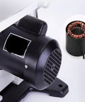 Super Snazzy Eight Inch Multifunctional Desktop Saw With Dial In Angles For Sculpting Wood And Aluminum Beasty Jigsaw And Bandsaw Combo motor close-up with copper wiring visible.