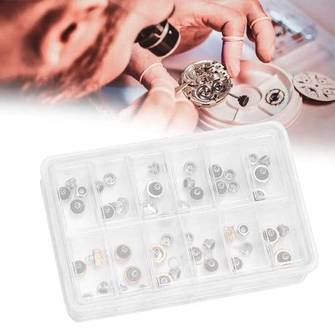 Go To Watch Crown Kit Set With 24 Pieces In 5.3mm 6mm And 7mm Sizes, gold silver and copper finishes, shown in 12-slot case