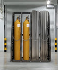 Heavy Duty Vertical Pipe And Lumber Storage Rack For Garage Or Workshop Boasts Four Wide Bays Welded From Rock Solid Steel To Haul Heavy Loads No Sweat with yellow gas cylinders.