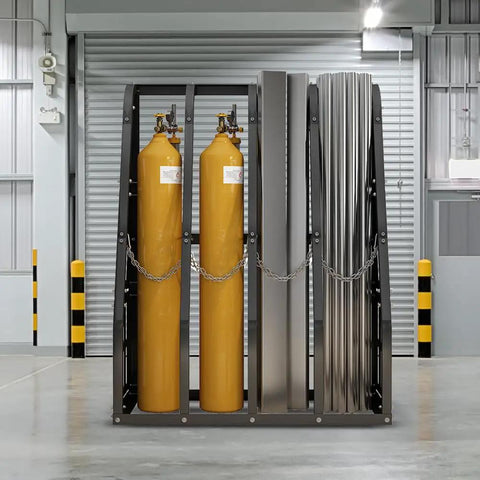 Heavy Duty Vertical Pipe And Lumber Storage Rack For Garage Or Workshop Boasts Four Wide Bays Welded From Rock Solid Steel To Haul Heavy Loads No Sweat with yellow gas cylinders.