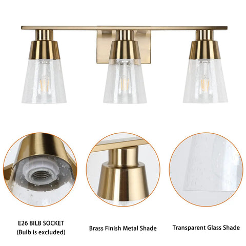 Three Light Bathroom Vanity Light Fixtures Modern Gold Wall Sconces With Seeded Glass Shade for Mirror, E26 socket shown