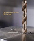 Close-up of Cobalt Drill Bit Set 29 Piece M35 High Speed Steel Twist Jobber Bits Heavy Duty drilling into metal at 90 degrees.