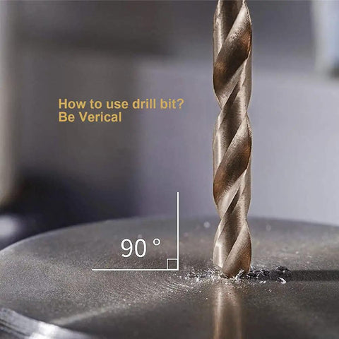 Pro Grade M35 Cobalt Drill Bit And Tap Die Set 115 Pieces, drill bit being used vertically on metal surface.
