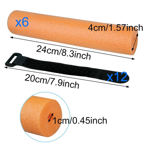 Dimensions of foam tube and strap for Never Lose Your Fishing Rod Again With High Visibility Orange Floats For Kayaks And Boats.