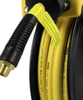 Close-up of Double Arm Hose Reel With Half Inch By Fifty Foot Premium Rubber Air Hose, showing connection fitting and hose details.