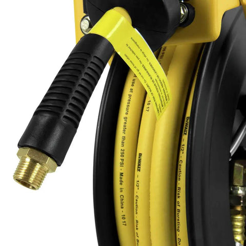 Close-up of Double Arm Hose Reel With Half Inch By Fifty Foot Premium Rubber Air Hose, showing connection fitting and hose details.
