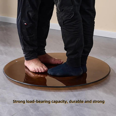 Legit Heavy Duty Tempered Glass Lazy Susan Turntable with two feet on the solid surface, showcasing durability and stability.