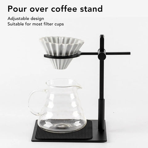 Heavy Duty Aluminum Pour Over Coffee Stand Adjustable Height And Angle Portable Dripper Holder with a glass carafe on a black base.