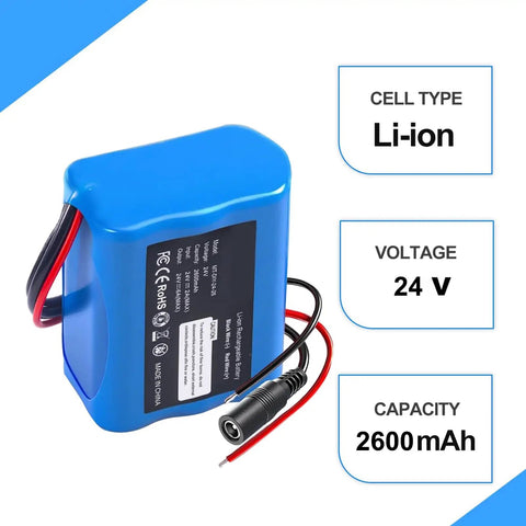 24V 2600mAh Lithium Battery Pack With Charger And Bare Leads For DIY Projects, blue battery with specifications shown