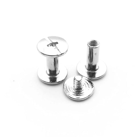 50 Pack Nickel Plated Chicago Screws Featuring Durable Carbon Steel Build And Easy Grip Cross Head For Securing Leather Goods Planning Sheets And Custom Book Bindings Top Shelf Legit Craft Gear showing three screws with cross heads.