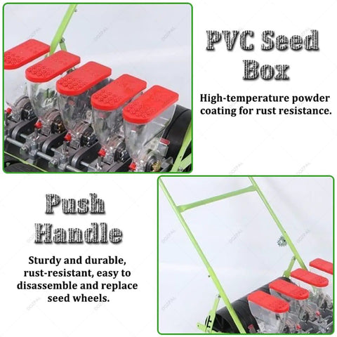 Close-up of five-row PVC seed boxes and push handle on a Three To Six Row Precision Planter For Garden Seeds 2 To 10mm.