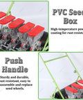 Detailed view of Six Row Do It All Hand Push Seed Planter with PVC seed box and push handle for gardens and farms.