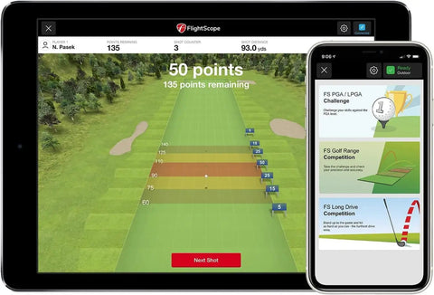 FlightScope app display for Mevo Launch Monitor Bundle With Pro Series Golf Net And Side Barriers For Indoor And Outdoor Practice