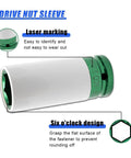 Heavy Duty Half Inch Drive 22mm Lug Nut Impact Socket With Scratch Proof Nylon Sleeve showing laser marking and six o'clock design.
