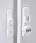 White 180 Degree Barn Door Lock With 3 Digit Keyless Password, privacy lock installed on wooden barn door with flip latch
