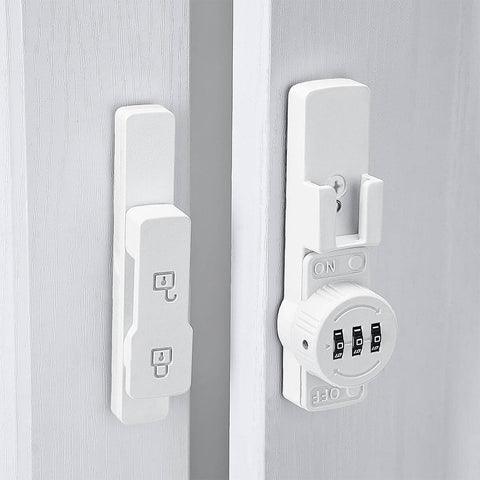 White 180 Degree Barn Door Lock With 3 Digit Keyless Password, privacy lock installed on wooden barn door with flip latch