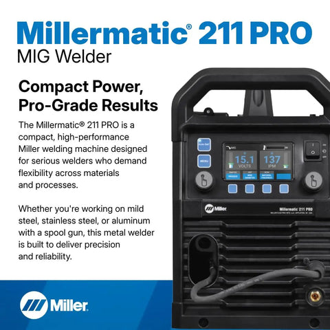 Close-up of Millermatic 211 PRO MIG Welder control panel for Dual-Voltage MIG Welder With Dyna-Pulse Auto-Set and Program Modes.