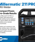 Front view of Millermatic 211 PRO MIG welder showing control panel and features, ideal for mild steel, stainless steel, and aluminum.