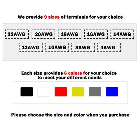 Display of 9 terminal sizes from 22AWG to 4AWG with 6 color options for Yellow 10AWG Wire Ferrules Kit With 250 Pcs Copper Nylon Terminal Connectors