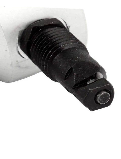 Close-up of Built Tough Nibbler Cutter Drill Attachment for Metal Sheets, black silver tone, precise 7.4mm cutting diameter.