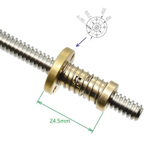 Close-up of T8 Anti Backlash Spring Loaded Nuts Set with four M3 holes on Acme Tr8x2 lead screw, eliminates backlash and vibration, 24.5mm gap shown.