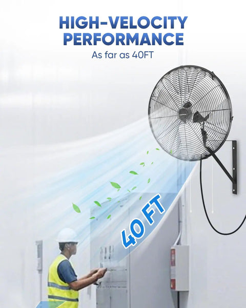 20 Inch Industrial Oscillating Wall Mount Fan Delivers Up To 5500 CFM Beefy High Velocity Airflow, mounted on wall, airflow illustration