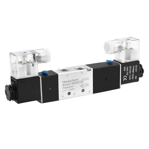 Front view of Industrial Grade 5 Way 3 Position Internally Piloted Pneumatic Solenoid Valve 4V230-08C with 12V DC Coil, PT1/4 Port.