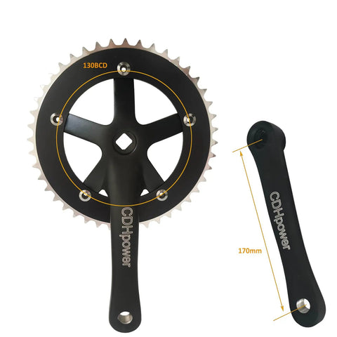 44T/46T Aluminum Crankset with 170mm crankarms, 130 BCD, Square Taper, for mountain road and fixed gear bikes in anodized black finish