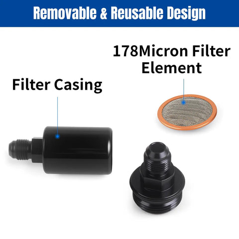 Filter casing and 178 micron filter element for Heavy Duty An6 Billet Inline Fuel Filter With Removable Replaceable Canister Black Anodized Aluminum Housing Ideal For High Flow Efi Carb Setups Street Rat Approved.