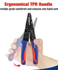 All-In-One 8-Inch Wire Stripper And Multi-Tool Cutter with ergonomic TPR handle shown in hand, features pliers nose.