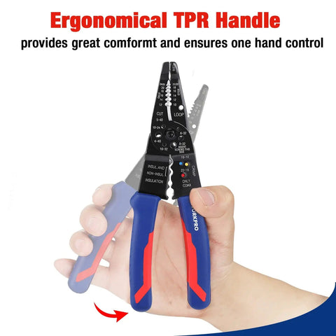 All-In-One 8-Inch Wire Stripper And Multi-Tool Cutter with ergonomic TPR handle shown in hand, features pliers nose.
