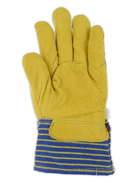 DuraMaster B580E Insulated Pig Grain Leather Palm Work Gloves with Thermite Lining, shown in yellow with blue striped cuff