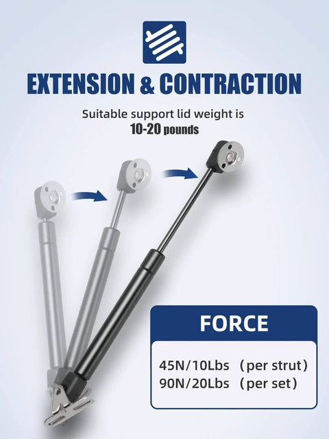 10 Inch Gas Strut Lift Support for Cabinet Lids and Toy Boxes, Door Piston Opener showing extension and contraction