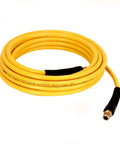 Coiled yellow braided polyurethane air hose 1/4 inch by 25 feet, heavy duty 300 PSI, oil and kink resistant, with NPT fittings.
