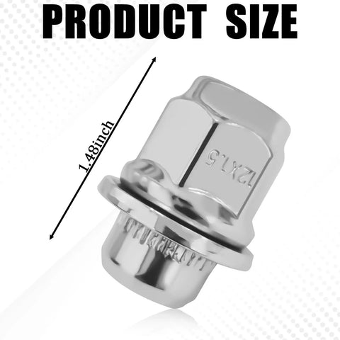 5Pcs M12x1.5 Chrome Lug Nuts With Washer, Closed End Mag Style, 1.48-inch size detail, heat-treated alloy, chrome finish