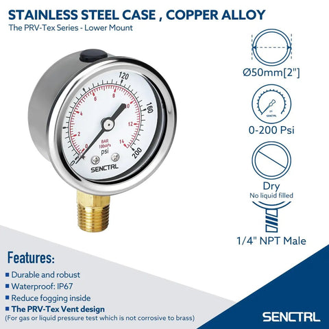 200 Psi Pressure Gauge With 2 Inch Dial, 1/4 NPT Lower Mount, Built To Last Waterproof Stainless Steel Case, IP67 Certified
