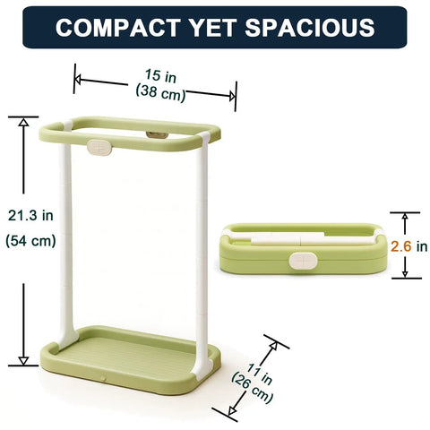 Foldable Trash Bag Holder For On The Go Cleanup Lightweight Collapsible Trash Bag Stand Perfect For Camping Outdoors Cars And Home Easy Assembly Compact Storage Includes 15 Bags shown in green, with dimensions.