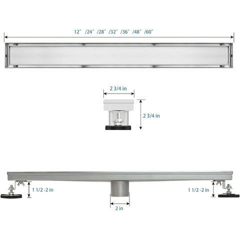 Diagram of 28 Inch Linear Shower Drain With Tile Insert 2 In 1 Panels Brushed 304 Stainless Steel Shower Floor Drain With Adjustable Feet