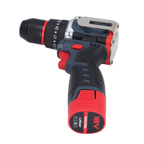 Heavy Duty 18V Cordless Brushless Drill Packs A Badass 80Nm Of Power For Rock Solid Wood And Metal Work On Every Home Project Or Pro Jobsite Ready To Bust Through Any Tough Task, shown from the side with ergonomic grip.