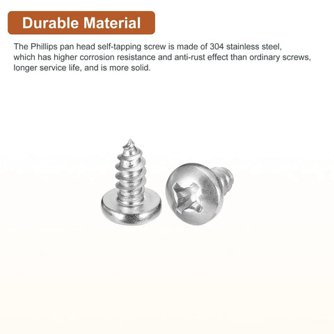 Sixty Pack Of Rugged Size Twelve X Half Inch Phillips Pan Head Self Tapping Screws Crafted From Top Shelf 304 Stainless Steel For Sheet Metal And Wood Jobs With No Sweat Assembly And Solid Grip Bright Finish, showing two screws.