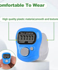 Super Comfy Electronic Finger Tally Counter With Quick Digital Clicker Ring Designed For Hassle Free Fit And Big Time Precision Tracking Making Tally Work Totally A Breeze To Handle Pack Of Ten Pieces in blue and showing count display.