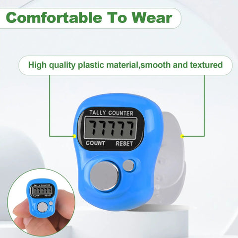 Super Comfy Electronic Finger Tally Counter With Quick Digital Clicker Ring Designed For Hassle Free Fit And Big Time Precision Tracking Making Tally Work Totally A Breeze To Handle Pack Of Ten Pieces in blue and showing count display.