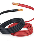 Twoaught Gauge Welding Cable Set, Black And Red 10 Ft Each, Flexible Pure Copper Battery Wire, Heavy Duty For Solar Inverter Car RV And Truck, Made In USA, 600V, Wide Temp Range Minus 58F To 221F, Tough EPDM Jacket showing coiled cables and exposed copper ends.