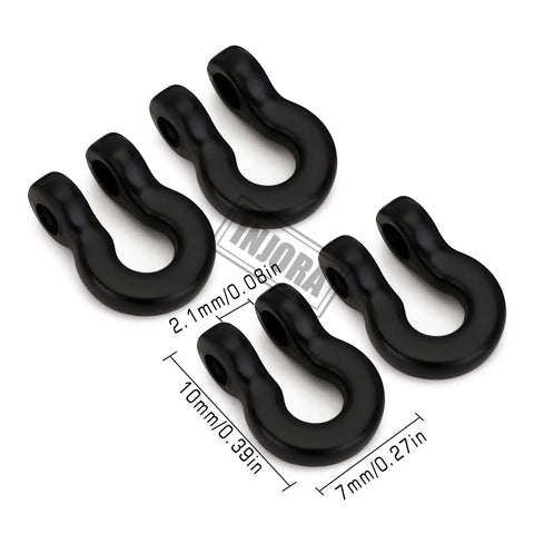Beefed Up Metal Bumper D Ring Tow Hook Set Four Piece Mini Tow Hooks For 1 24 RC Crawler Fits Axial SCX24 And Other Mini Crawlers 7x10mm Upgrade Parts Tough Aluminum Construction Black Red, showing black hooks, measurements 7x10mm