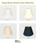 Four lamp shades in different colors: white, eggshell, beige, black. Deep Empire Basic Lamp Shade 6x12x9.25 Black With Gold Dope Look included.