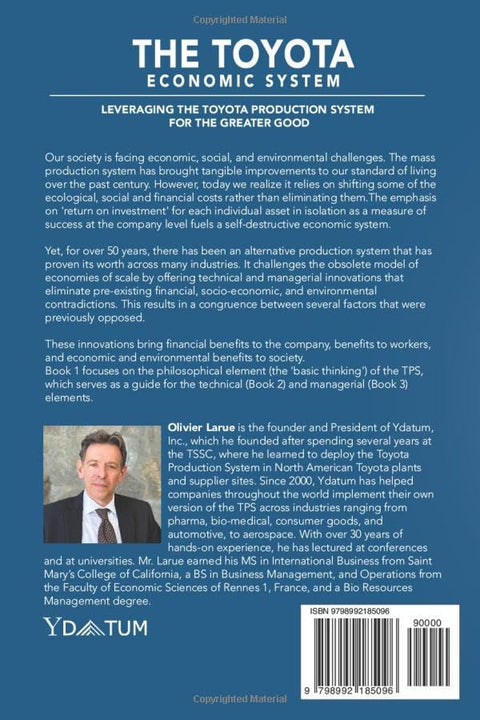 Blue book back cover for The Toyota Economic System; shows author photo, ISBN barcode, Amazon branding.