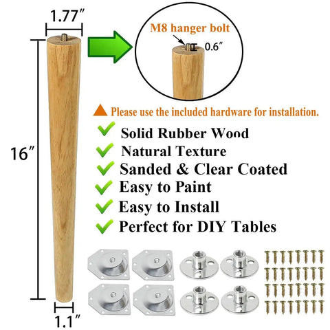 16 Inch Solid Rubber Wood Table Legs With M8 Hanger Bolts showing tapered design and installation hardware for easy assembly.