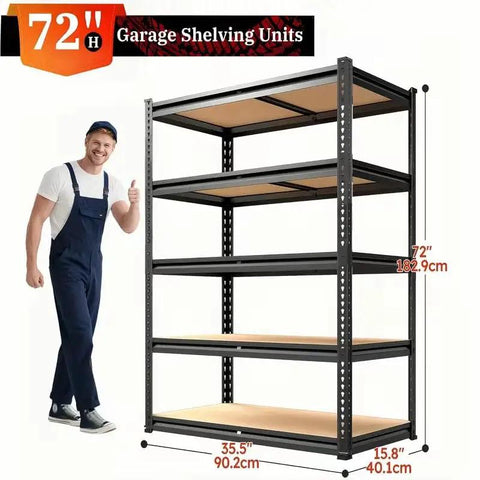 Heavy Duty Metal Storage Rack 60 Inch Iron Frame Shelves With Rock Solid 2000 Lb Per Shelf Capacity 2 Pack Industrial Steel Shelving Unit For Bulletproof Garage Organization And Workshop Setup next to a smiling man in coveralls.